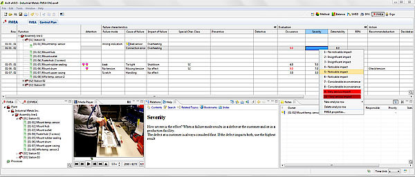 Formato AMEF mostrando link a video del proceso y clasificación de severidad